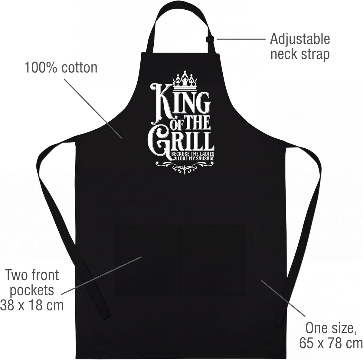King of the Grill apron features: 100% cotton, adjustable neck strap, two front pockets 38 x 18 cm, one size 65 x 78 cm