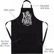 King of the Grill apron features: 100% cotton, adjustable neck strap, two front pockets 38 x 18 cm, one size 65 x 78 cm