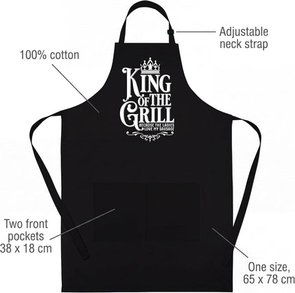 King of the Grill apron features: 100% cotton, adjustable neck strap, two front pockets 38 x 18 cm, one size 65 x 78 cm
