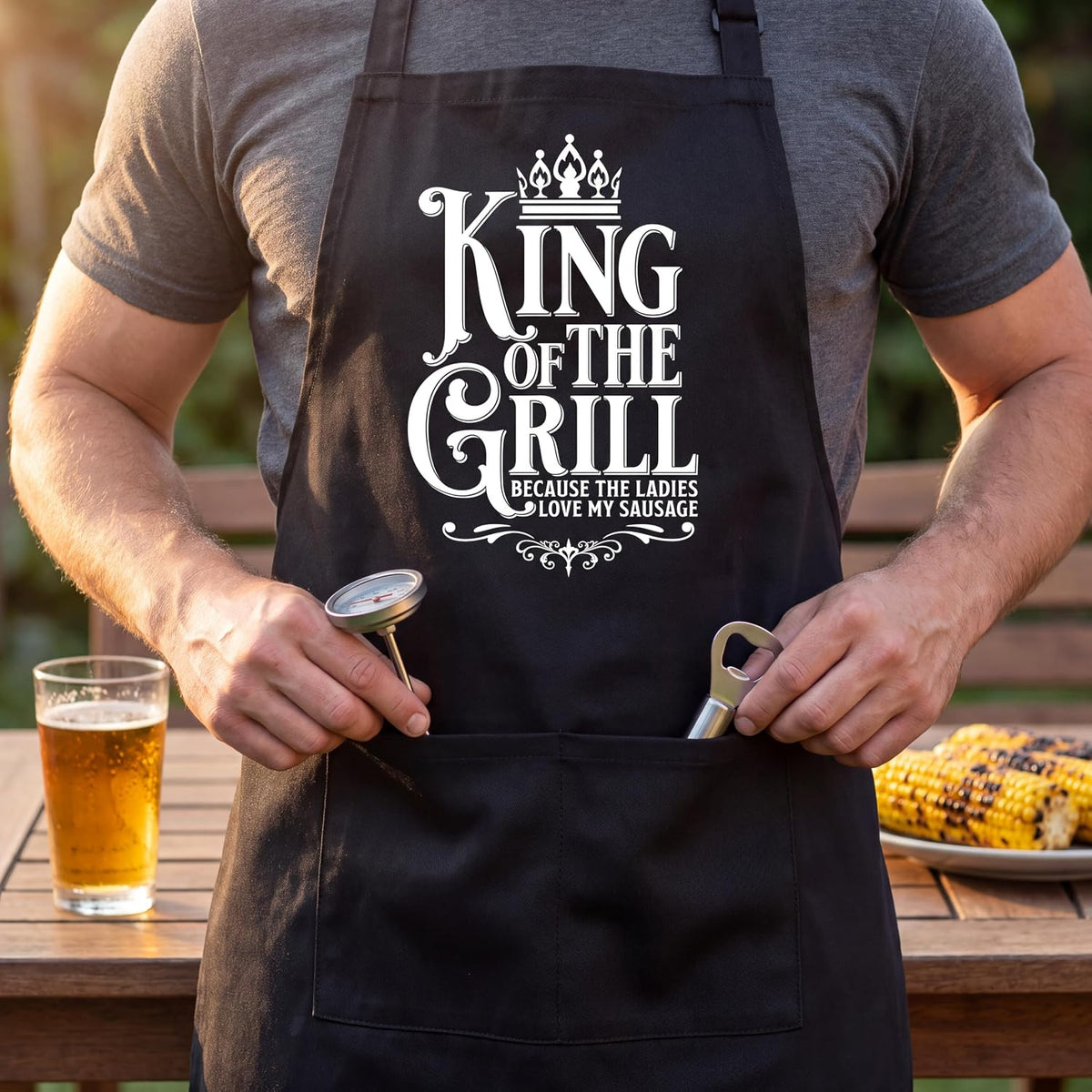 Close-up of the King of the Grill apron pocket holding a thermometer and bottle opener
