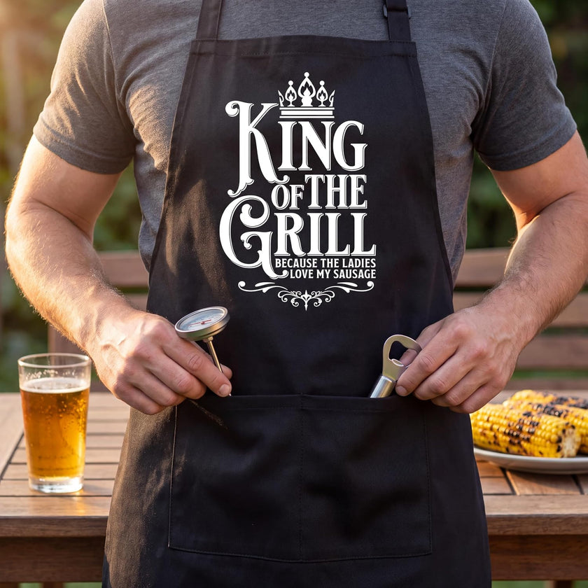 Close-up of the King of the Grill apron pocket holding a thermometer and bottle opener
