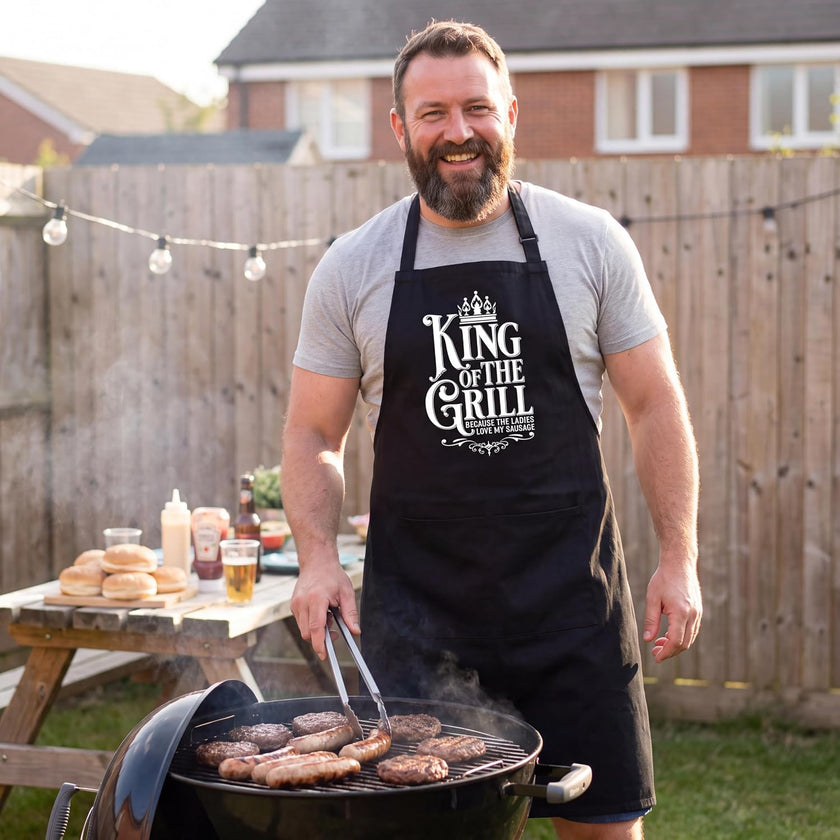 Man wearing the King of the Grill apron at a garden barbecue