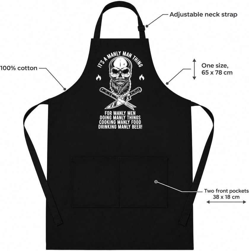 Skull BBQ apron features: 100% cotton, adjustable neck strap, two front pockets 38 x 18 cm, one size 65 x 78 cm
