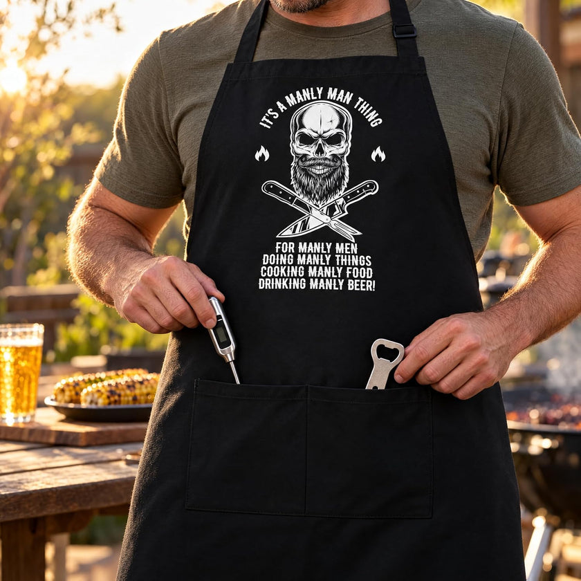 Close-up of the skull apron front pocket with a thermometer and bottle opener