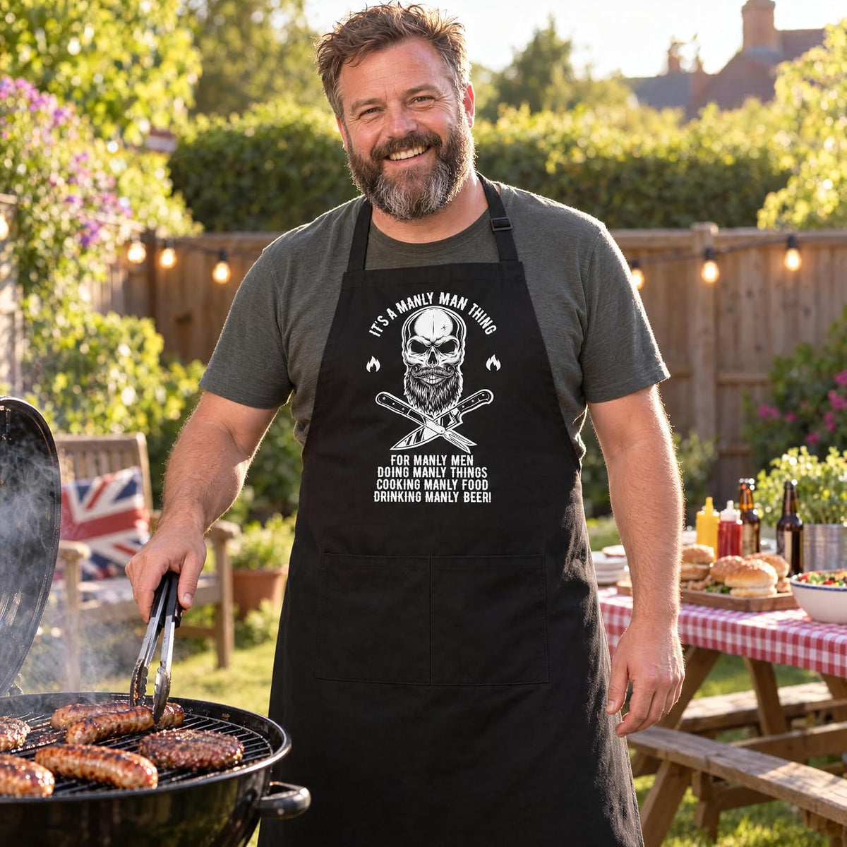 Man wearing the Manly Man skull apron at a garden barbecue