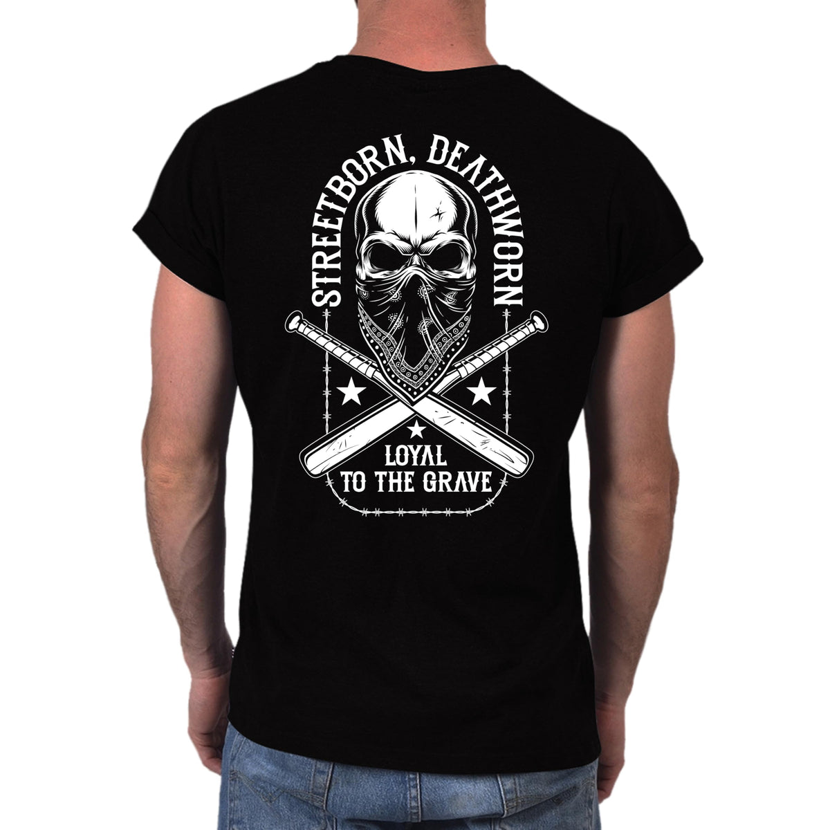 Back print of the Loyal to the Grave skull t-shirt in black, skull with crossed bats