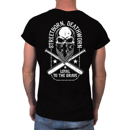 Back print of the Loyal to the Grave skull t-shirt in black, skull with crossed bats