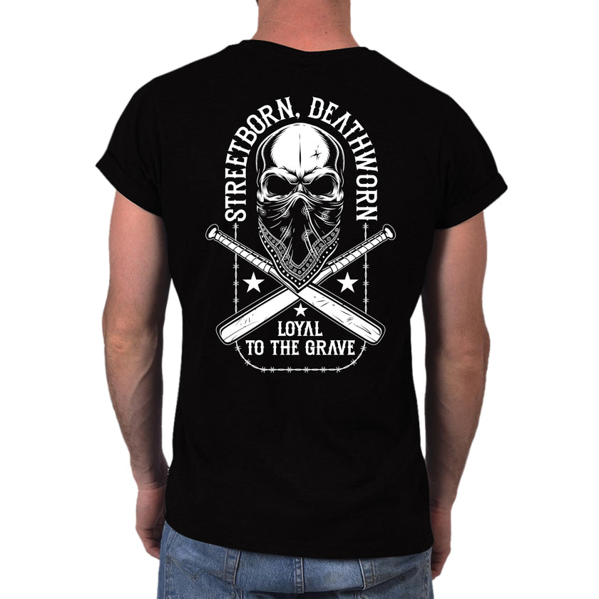Back print of the Loyal to the Grave skull t-shirt in black, skull with crossed bats