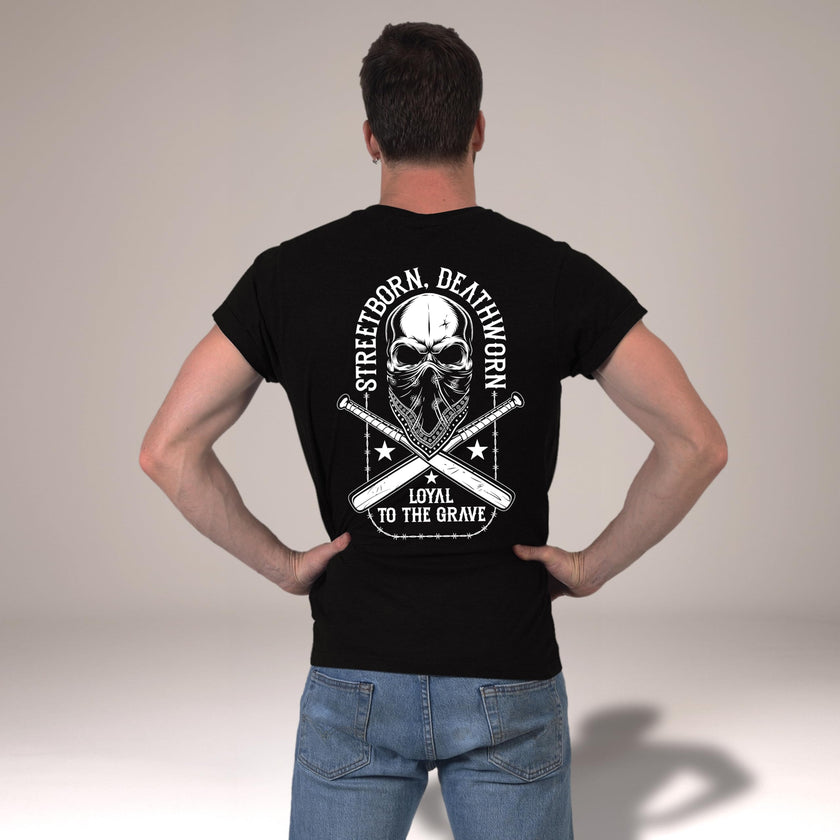 Back view of the Loyal to the Grave skull t-shirt in black worn by a man