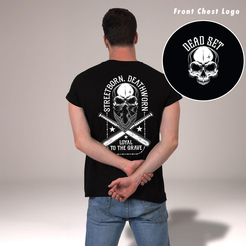 Loyal to the Grave skull t-shirt back print with a close-up of the front chest logo