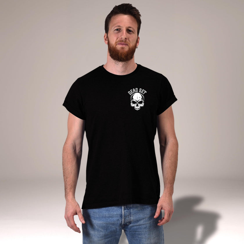 Front of the black Loyal to the Grave skull t-shirt with the skull chest logo