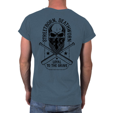 Loyal to the Grave skull t-shirt in indigo blue