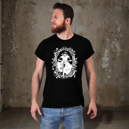 Man wearing the Commit or Quit mountain bike t-shirt in black, side view