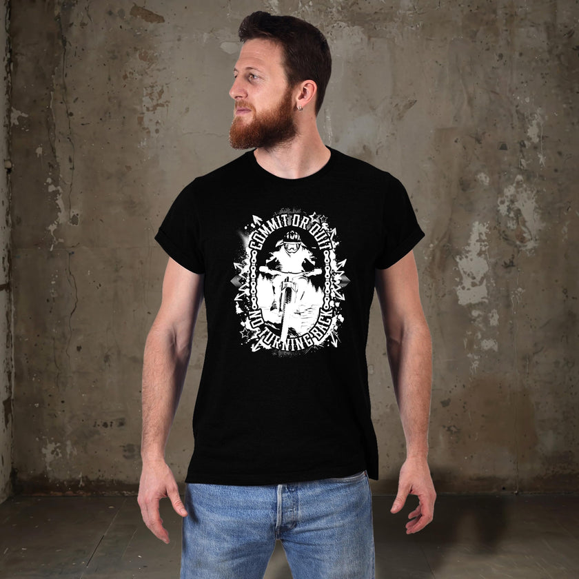 Man wearing the Commit or Quit mountain bike t-shirt in black, side view