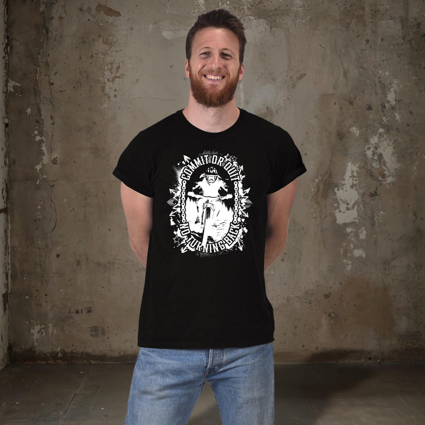 Man wearing the Commit or Quit mountain bike t-shirt in black