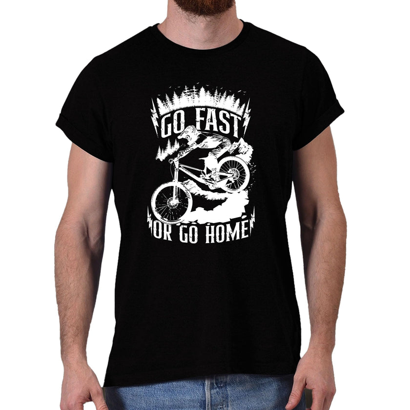 Go Fast or Go Home mountain bike t-shirt in black worn by a man, front view