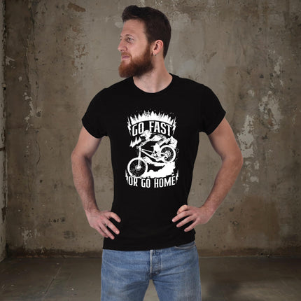 Man in the black Go Fast or Go Home mountain bike t-shirt with hands on hips