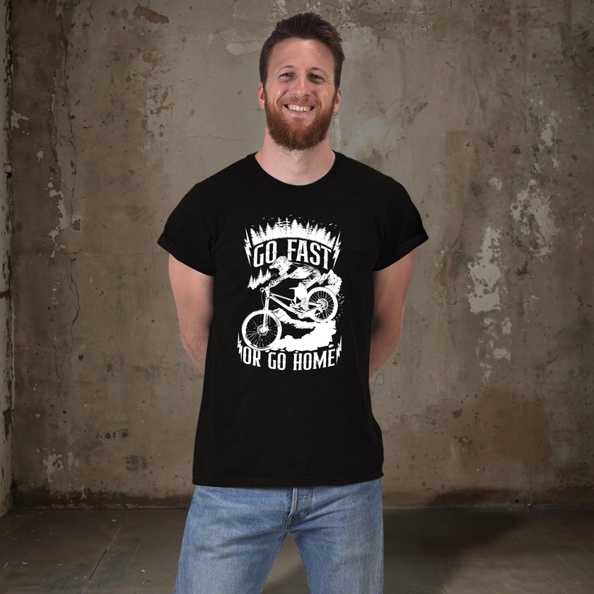 Man wearing the Go Fast or Go Home mountain bike t-shirt in black