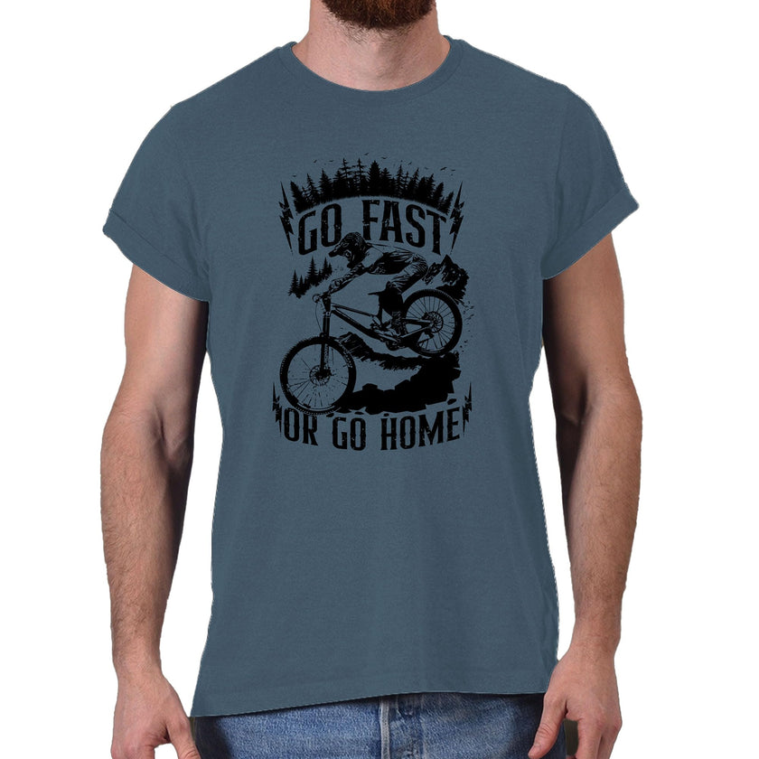 Go Fast or Go Home mountain bike t-shirt in indigo blue