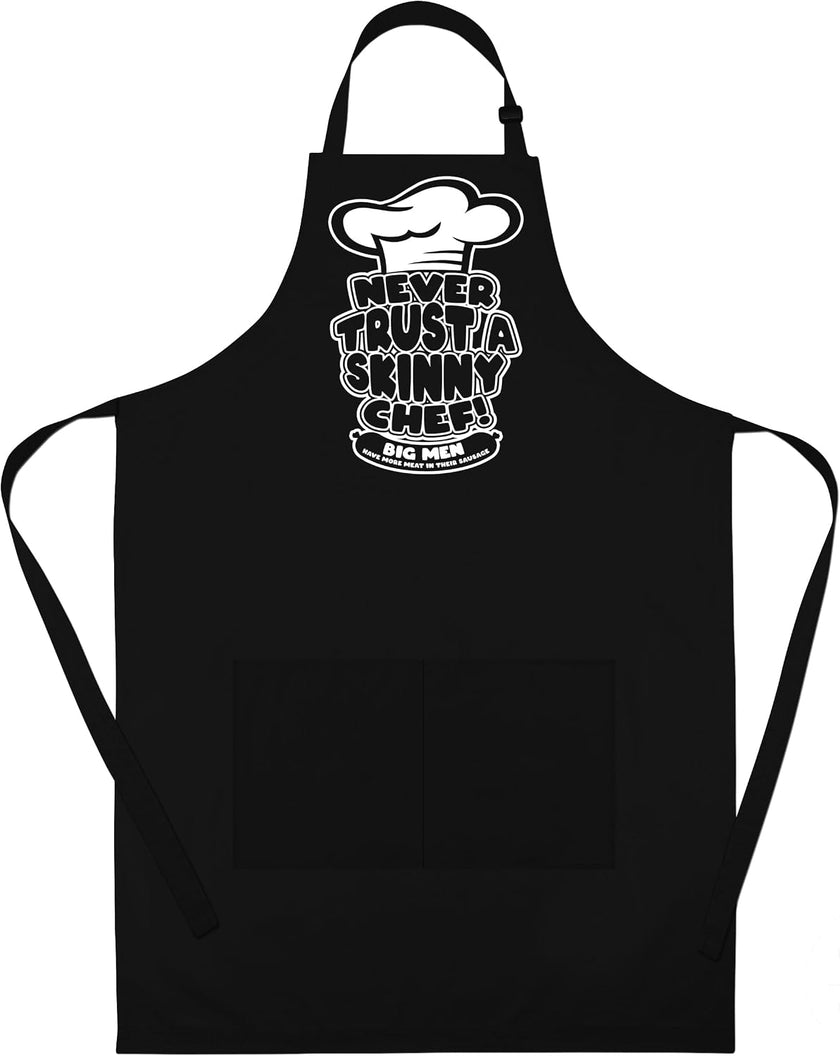 Never Trust a Skinny Chef funny BBQ apron for men in black cotton with chef hat print