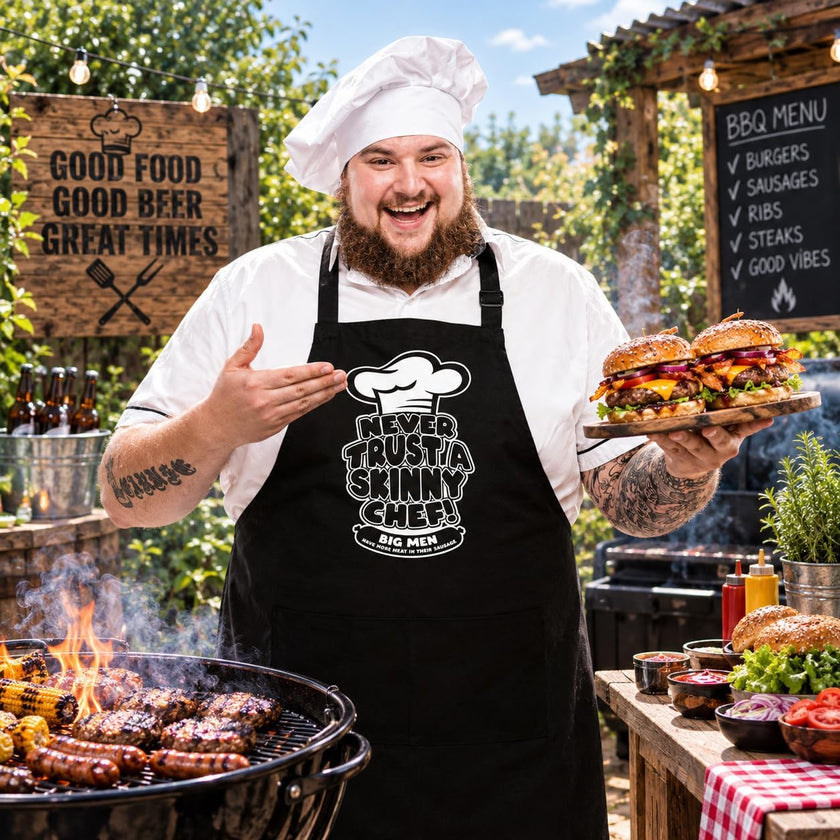 Chef in a white hat and Never Trust a Skinny Chef apron holding burgers at a barbecue
