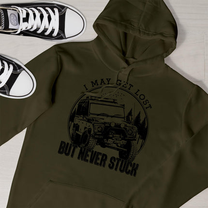 Close-up of the I May Get Lost print on an olive off road 4x4 hoodie