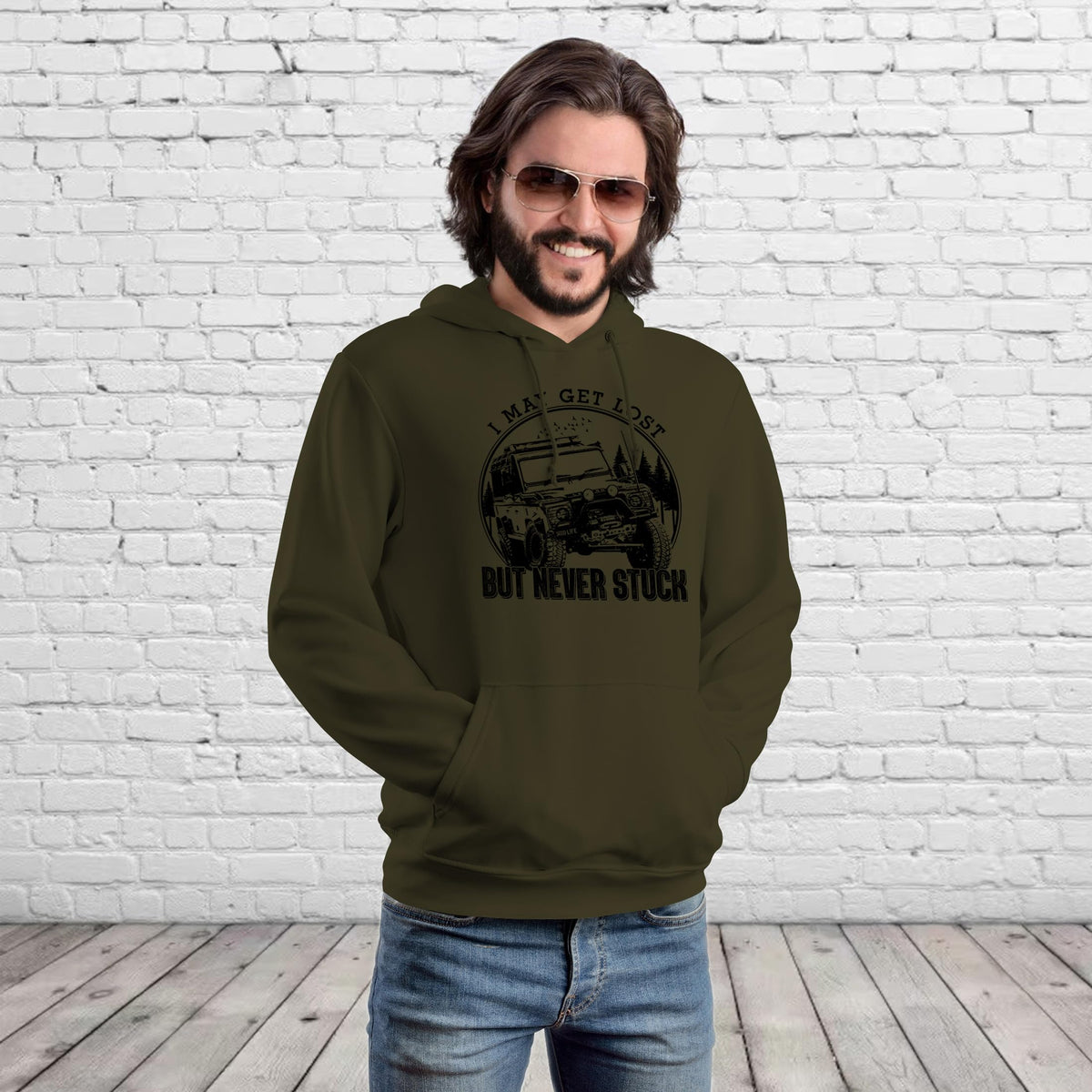Man wearing the I May Get Lost off road 4x4 hoodie in olive