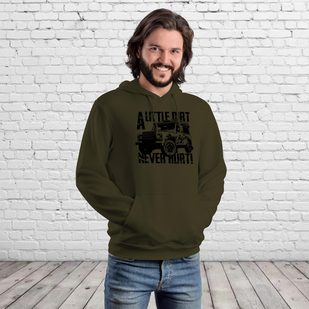 Man wearing the A Little Dirt Never Hurt off road 4x4 hoodie in olive
