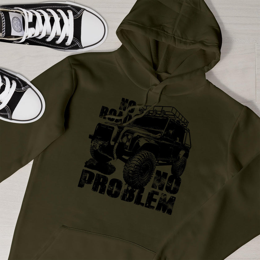 Close-up of the No Road No Problem print on an olive off road 4x4 hoodie