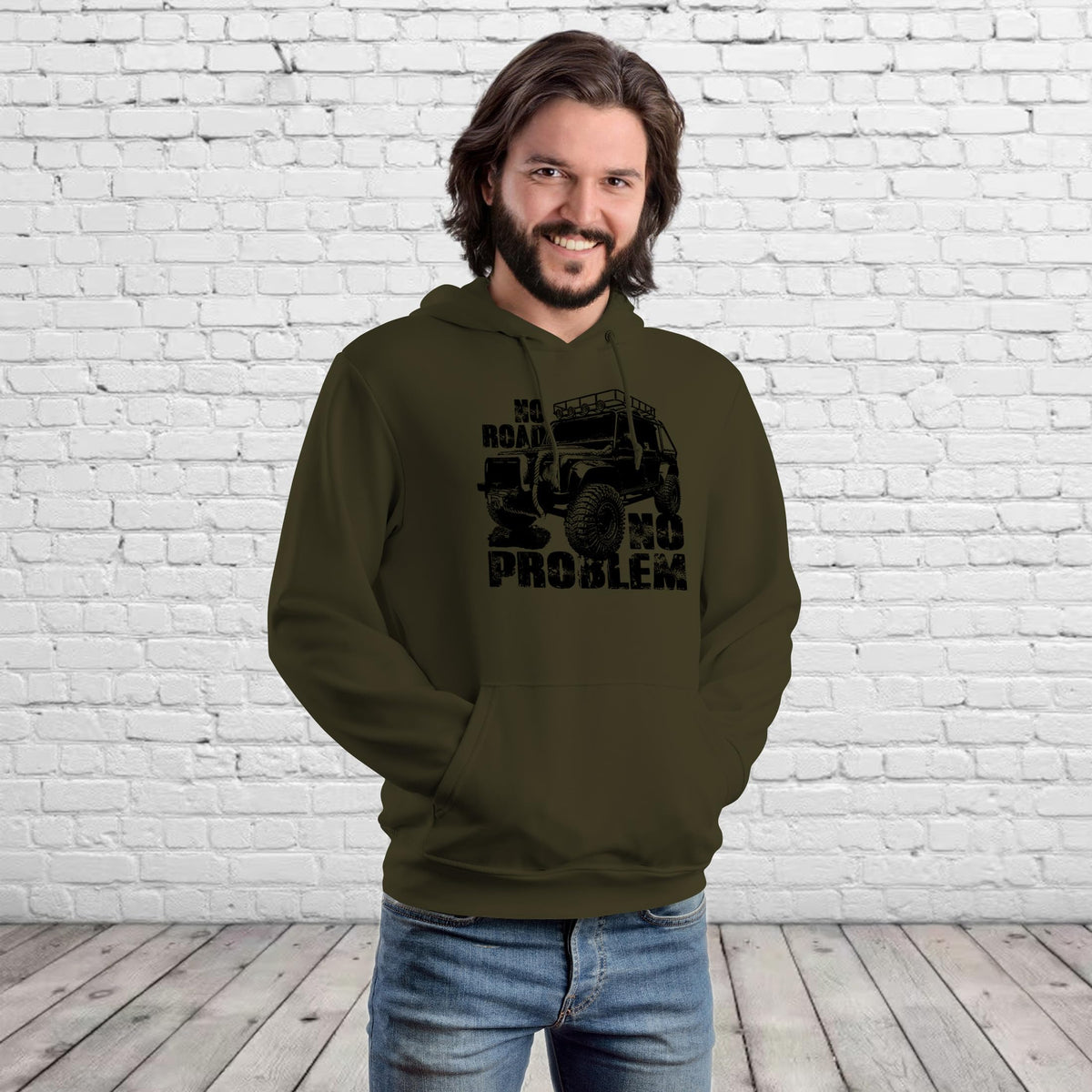 Man wearing the No Road No Problem off road 4x4 hoodie in olive