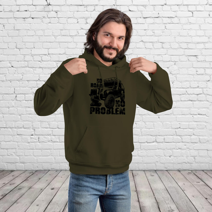Man pointing at the No Road No Problem print on his olive off road 4x4 hoodie