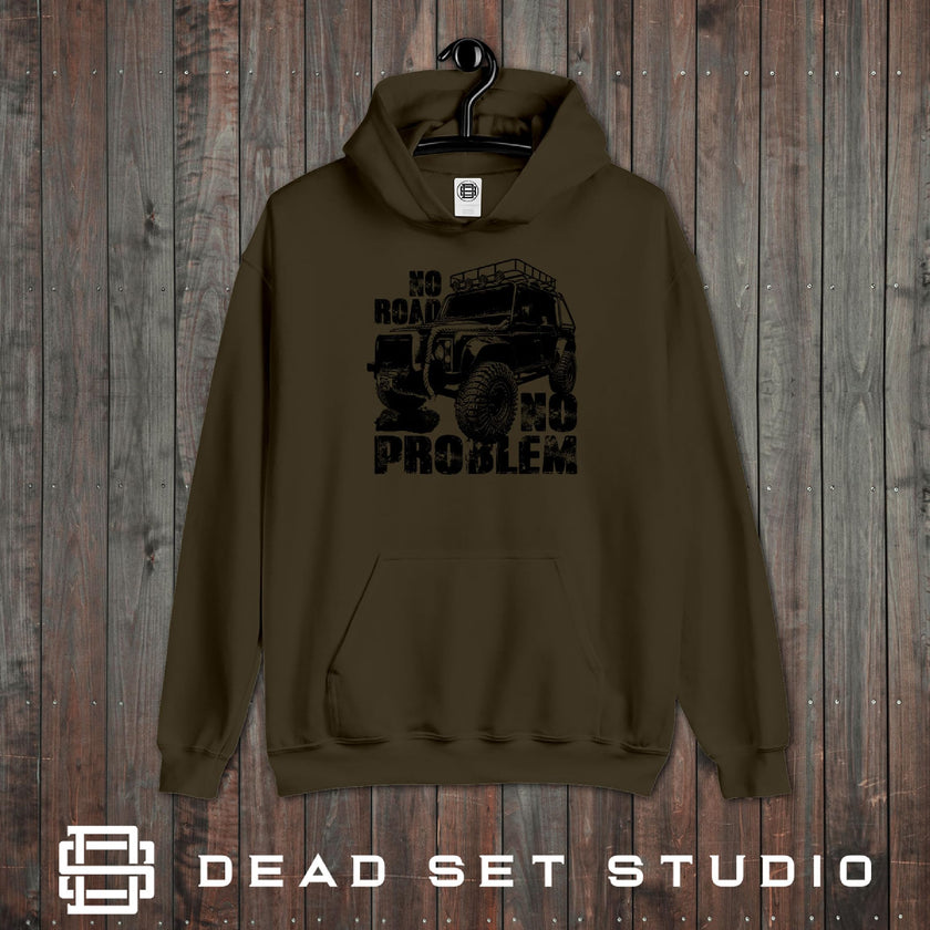 No Road No Problem off road 4x4 hoodie in olive on a rustic wood background