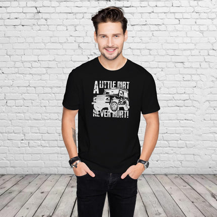 Man wearing the A Little Dirt Never Hurt off road 4x4 t-shirt in black