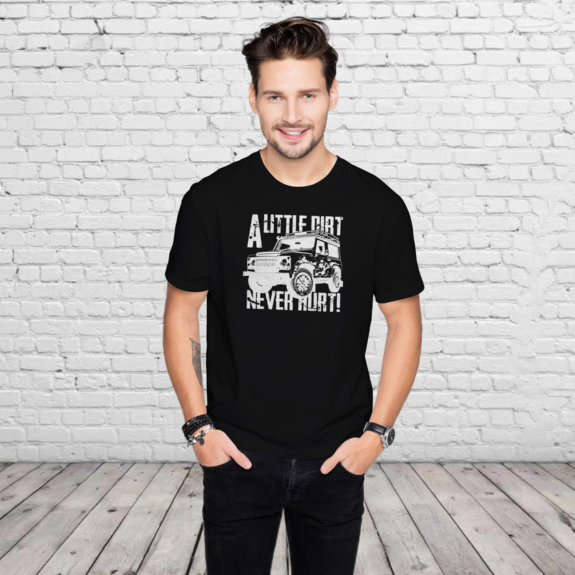 Man wearing the A Little Dirt Never Hurt off road 4x4 t-shirt in black