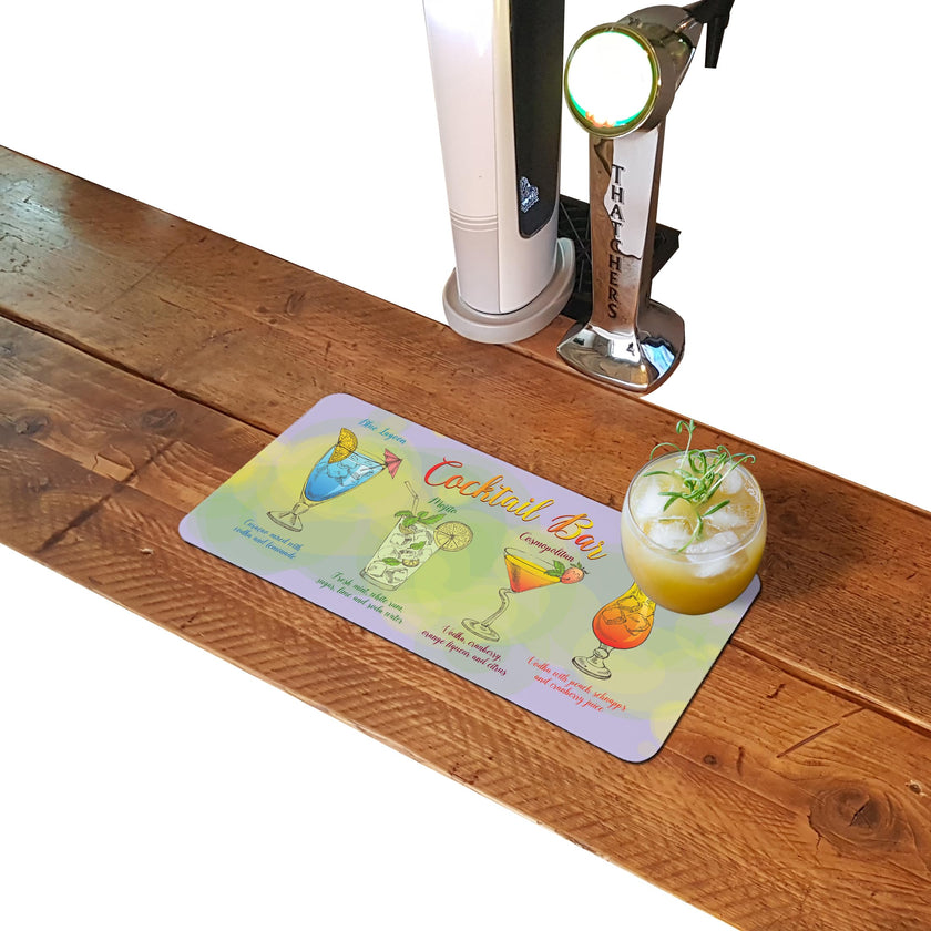 Cocktail Bar gold rubber bar runner mat on a home bar counter