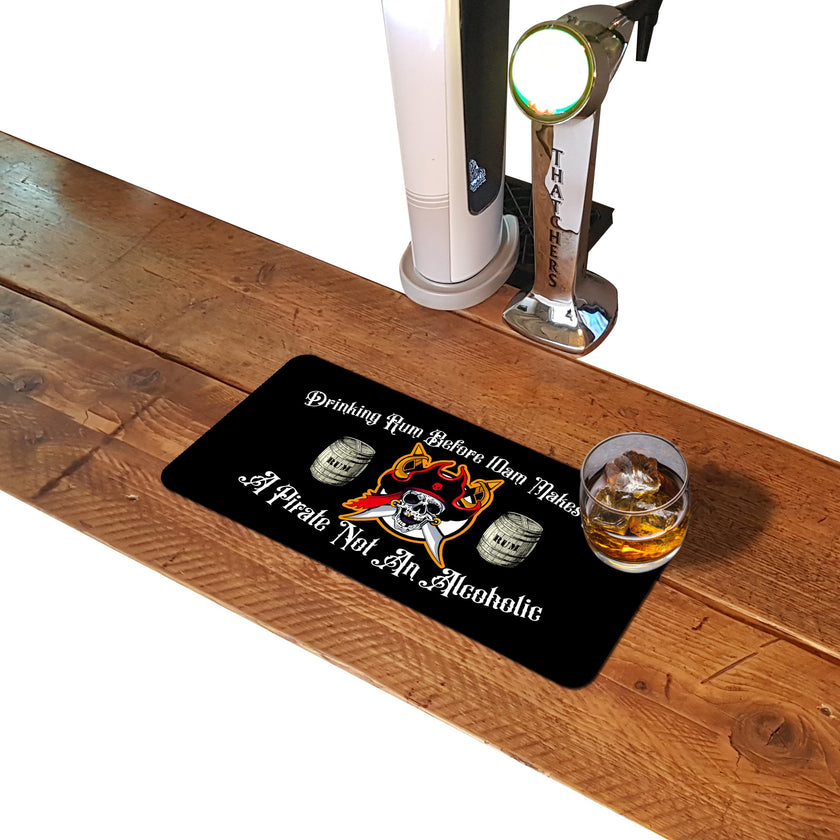 Drinking Rum rubber bar runner mat on a home bar counter
