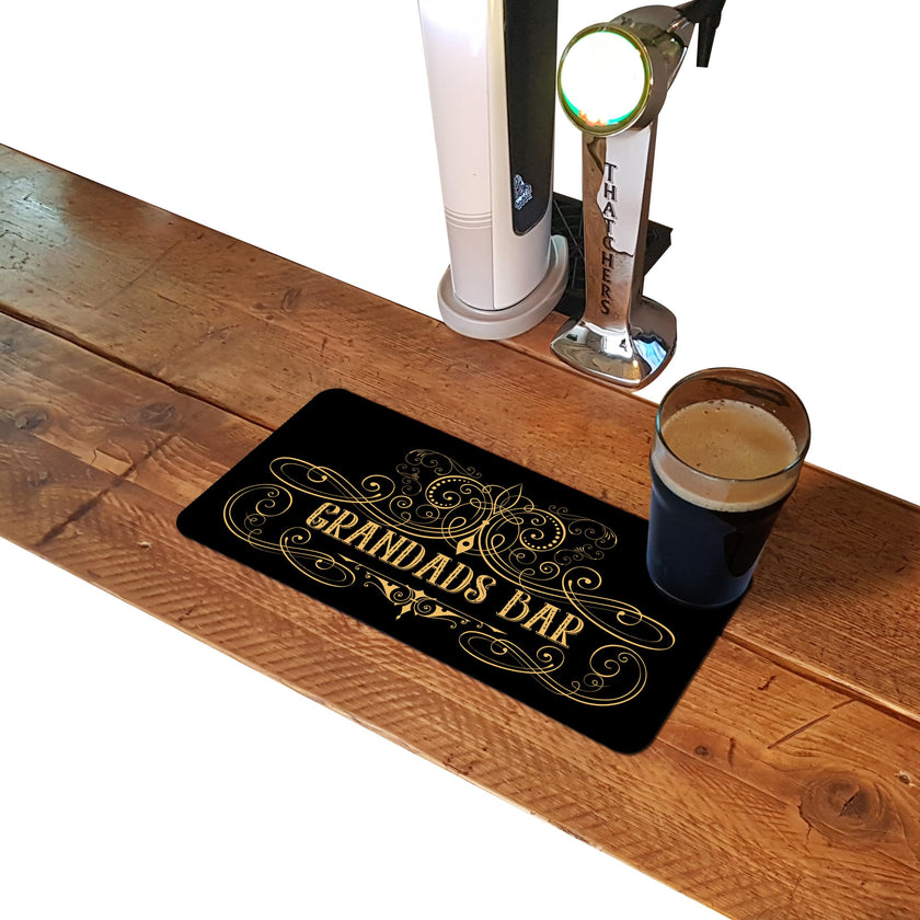 Grandads Bar rubber bar runner mat on a home bar counter