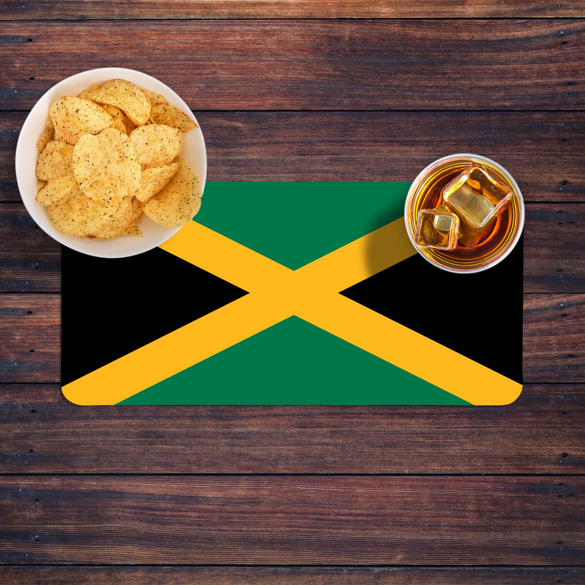 Jamaican flag bar runner mat with drinks and coasters