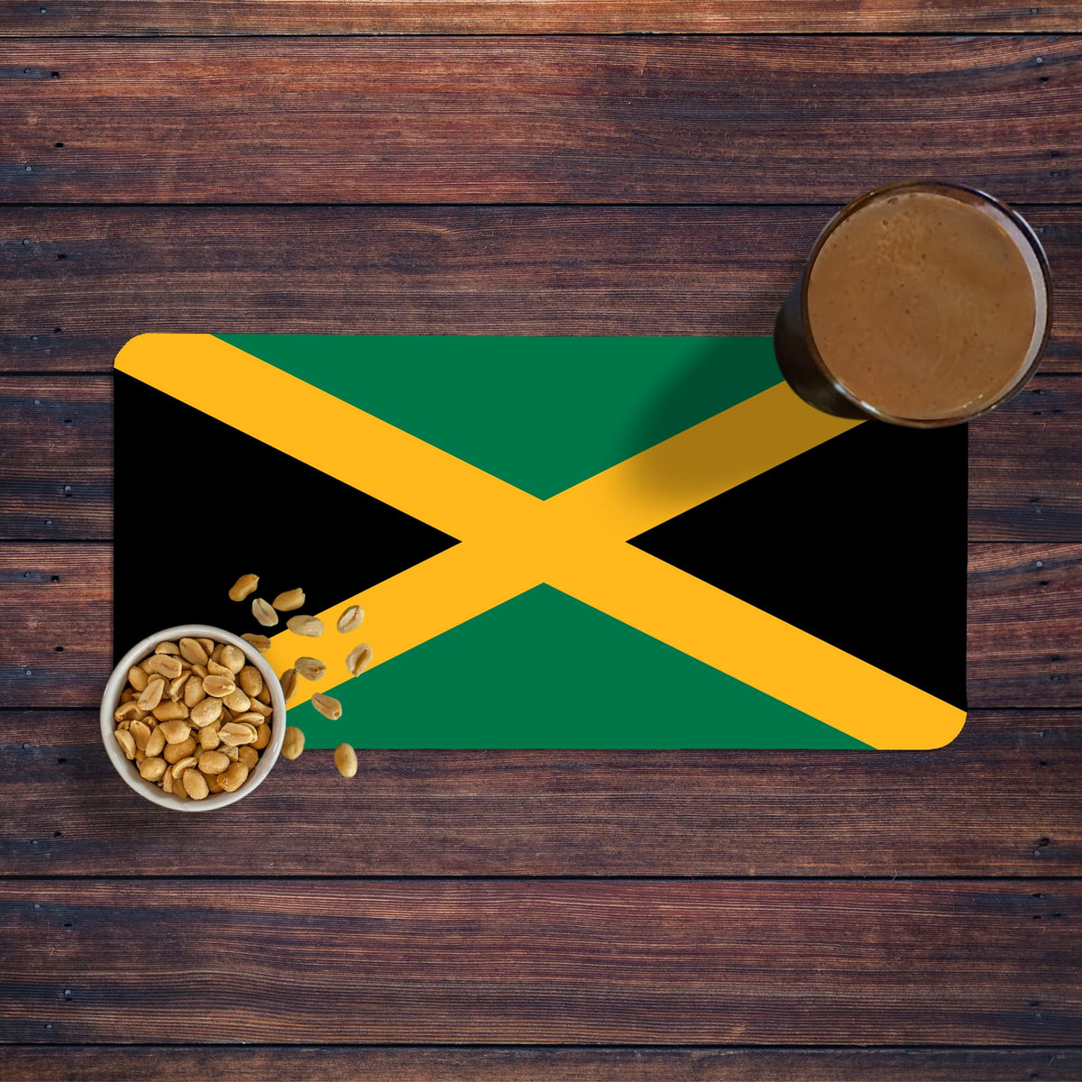 Jamaican flag bar runner mat with a pint and snacks