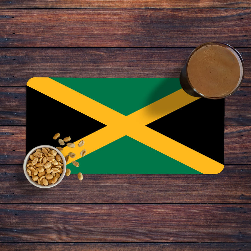 Jamaican flag bar runner mat with a pint and snacks