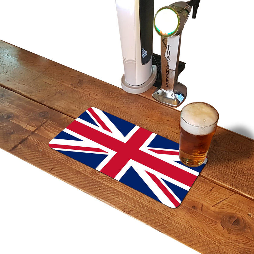 Union Jack rubber bar runner mat on a home bar counter
