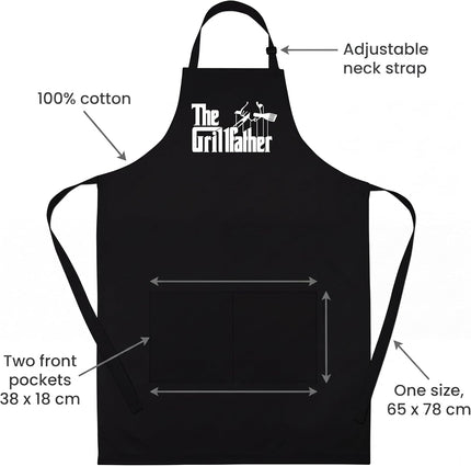The Grillfather apron features: 100% cotton, adjustable neck strap, two front pockets 38 x 18 cm, one size 65 x 78 cm